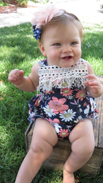 Baby Girl Floral Romper - Floral Print Baby Clothes - Headband - Baby Girl Outfits - Baby Girl Summer Outfits - Vintage Rompers - Newborn Girl - Baby Girl Clothes - Ruffle Bottoms - Bloomers - Colorful - Summer - Navy - Peach - Lace