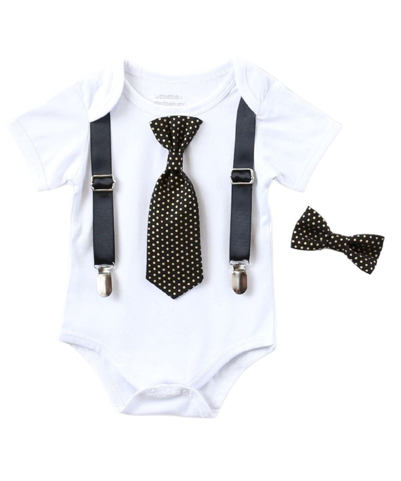 New Years Eve Outfit Baby Boy Black and Gold Bow Tie and Suspenders Onesie