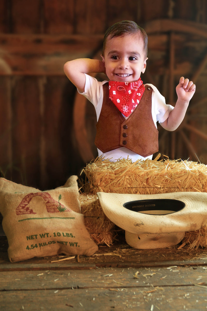 Brown Suede Baby Vest - Baby Cowboy Vest - Baby Boy Cowboy Theme - Baby Boy Birthday Vest - Baby Vest Bodysuit - Noah's Boytique  - Baby Boy First Birthday Outfit