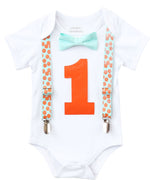 Aqua and Orange First Birthday Outfit Boy - 1st Birthday - Cake Smash - Suspenders and Bow Tie - Birthday Clothes - Shirt - Number One - Dot - Noahs Boytique