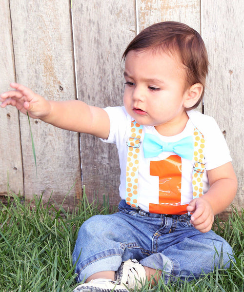 Aqua and Orange First Birthday Outfit Boy - 1st Birthday - Cake Smash - Suspenders and Bow Tie - Birthday Clothes - Shirt - Number One - Dot - Noahs Boytique