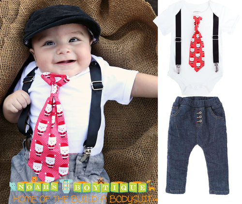 Baby Boy Christmas Outfit - Christmas Outfits for Boys Santa Tie with Suspenders - First Christmas - Twins - Newborn Boy - Toddler Boy