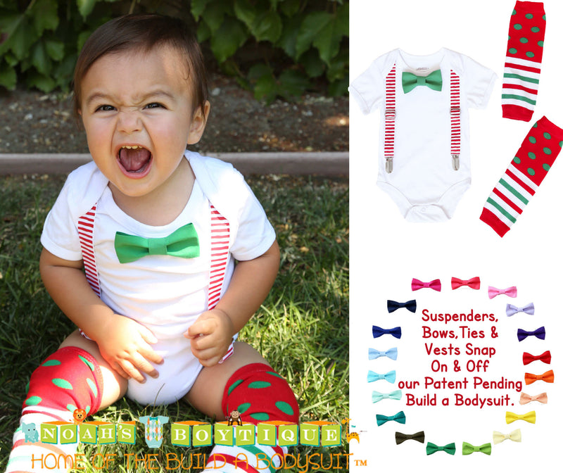 Baby Boy Outfit for Christmas - Santa Picture Outfit - Suspenders Bow Tie - Legwarmers - Newborn - Toddler - 1st Christmas - Christmas Card