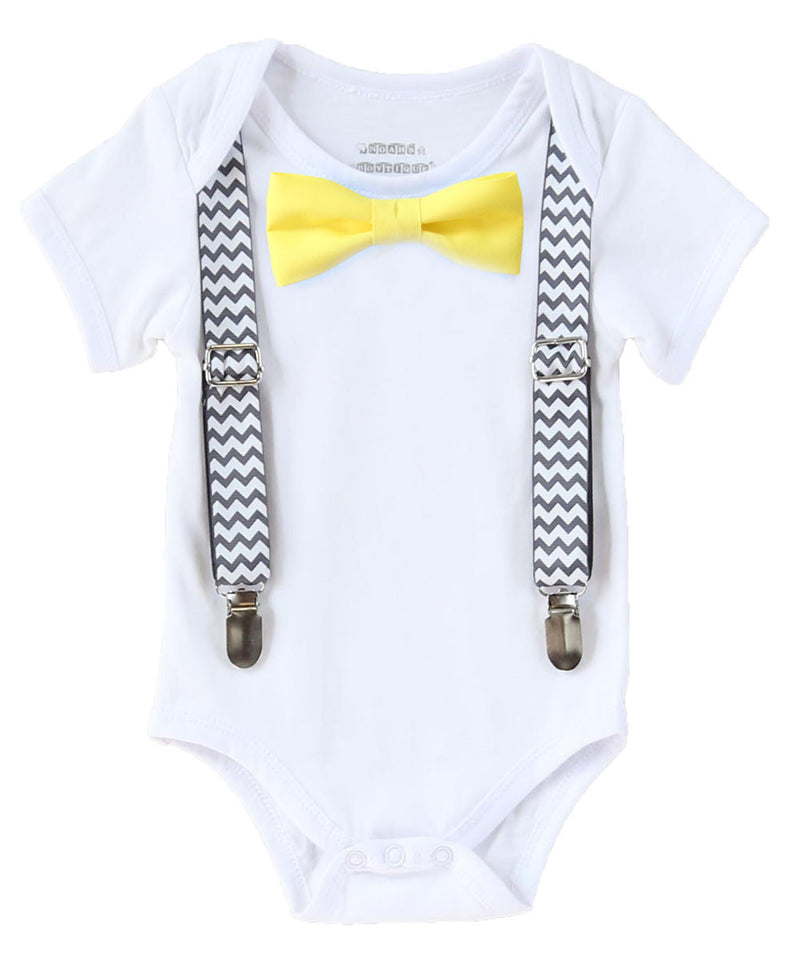 Grey and Yellow Baby Boy Clothes - Baby Boy Outfits - Grey Chevron Suspenders Yellow Bow Tie - Lemons - Lemonade Stand - Spring - Noah's Boytique - CupcakeMag