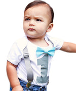 boys first birthday outfit grey and aqua bow tie and suspenders 1st birthday onesie cake smash
