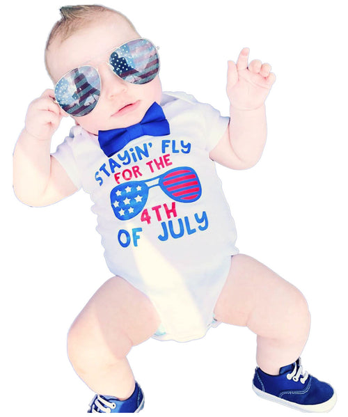 Baby boy fourth of july onesie 4th of july outfit with bow tie stayin fly for the fourth of july funny cute newborn 1st 4th of july