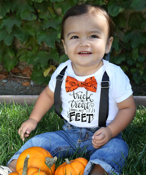 Baby Boy Halloween Outfit - Newborn Halloween Costume - Smell My Feet Pumpkin Bow Tie Orange and Black - First Halloween Custom Shirt Onesie Funny Toddler Shirts