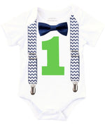 first birthday outfit baby boy navy blue and lime chevron monochrome birthday onesie noah's boytique suspenders bow tie number one cake smash