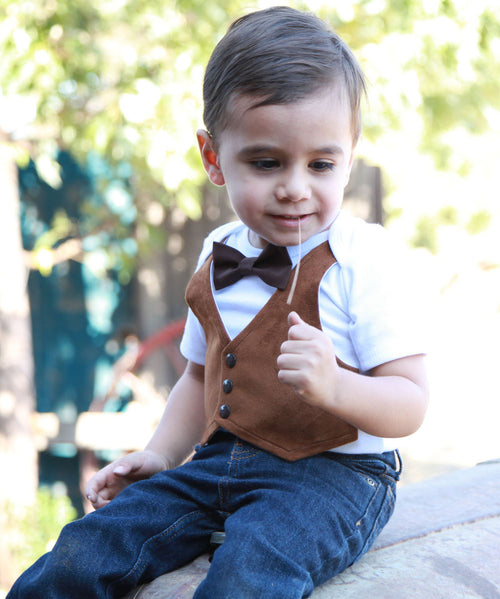 Fall Baby Clothes Boy - Brown Suede Fall Print Bow - Interchangeable Bow Ties - Picture Outfit - Rustic - Ranch - Farm - Vest Bow Tie Shirt