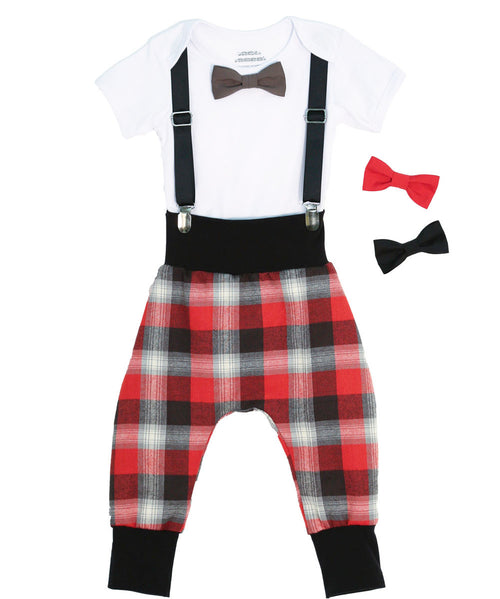 hipster baby boy clothes - baby boy outfit - plaid pants - red - grey - black - suspender onesie - Suspenders bow tie - baby boy gift set - baby shower gift - Baby boy valentines day outfit