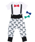 hipster baby boy clothes - baby boy outfit - zebra pants - boys first birthday -suspender onesie - Suspenders bow tie - baby boy gift set - baby shower gift - 1st birthday outfit - noahs boytique