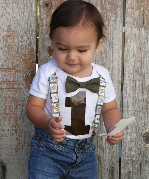Jungle Safari Personalized First Birthday Shirt Suspenders and Bow Tie