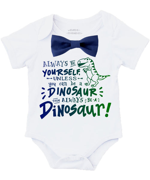 Baby Boy Dinosaur Outfit with Blue or Green Bow Tie - New Baby Gift Ideas for Boys - Dinosaur Birthday Outfit - Clothes for Toddler Boys