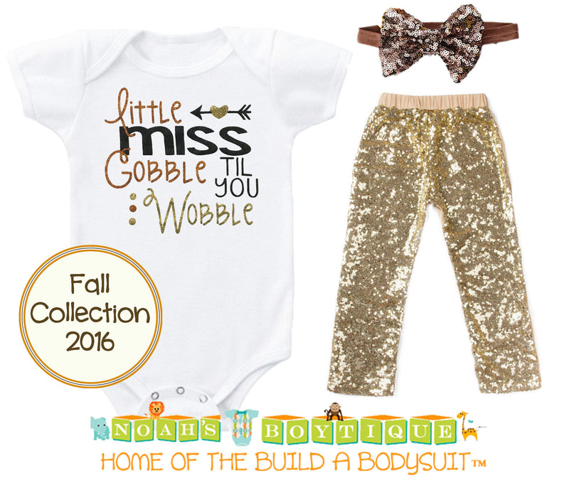 Baby Girl Thanksgiving Outfit Toddler Newborn First Thanksgiving Gobble Til You Wobble Sequin Pants Headband Onesie Bodysuit Brown Orange Gold Twins Siblings