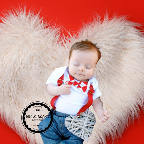 Newborn First Valentines Outfit - Valentines Day Shirt - Suspenders Tie - Kissing Booth - Baby Boy - Valentines Day Outfit - Infant - Clothes - Noah's Boytique Baby Boy Valentines Day Onesie with bow tie