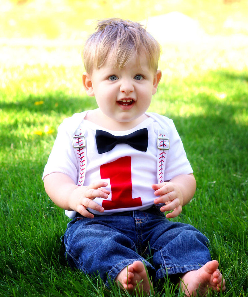 Baseball First Birthday Outfit Baby Boy - Baseball Outfit - Number One Shirt - Baseball Suspenders Black Bow Tie - 1st Birthday - Clothing