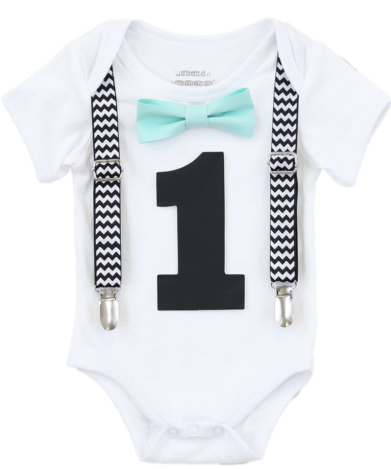 1st Birthday Outfit - Boys First Birthday Outfit - Black Number One - Chevron Suspenders - Aqua Bow Tie - Cake Smash - Birthday Shirt