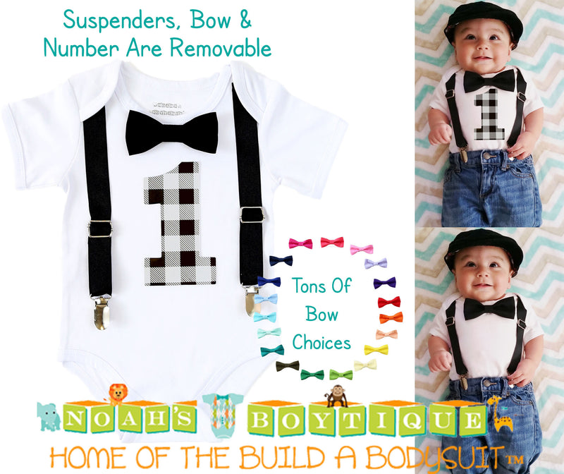 Boys First Birthday Outfit Grey and Black Buffalo Plaid - Little Man Party - 1st Birthday Outfit - Boy Birthday Clothes - Birthday Shirt - Noah's Boytique Bodysuit - Baby Boy First Birthday Outfit