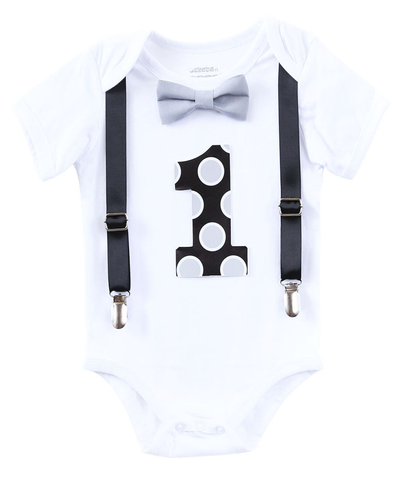 first birthday outfit boy black and grey suspenders bow tie number one first birthday onesie baby boy clothes cake smash outfit raiders theme party