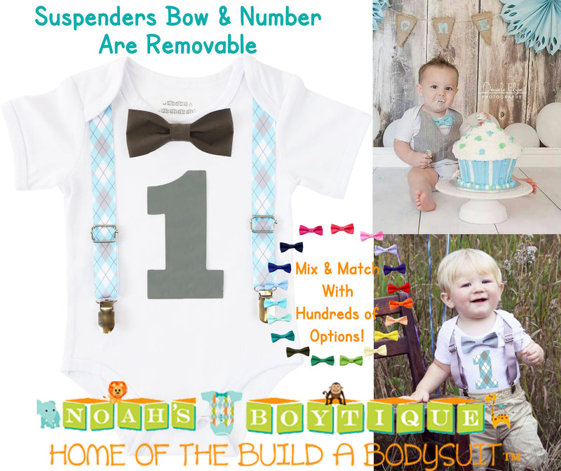 Blue and Gray Baby Boy First Birthday Outfit - Argyle Birthday Shirt - Elephant Theme Party - Cake Smash - Suspenders Bow Tie - Number One - Noah's Boytique  - Baby Boy First Birthday Outfit