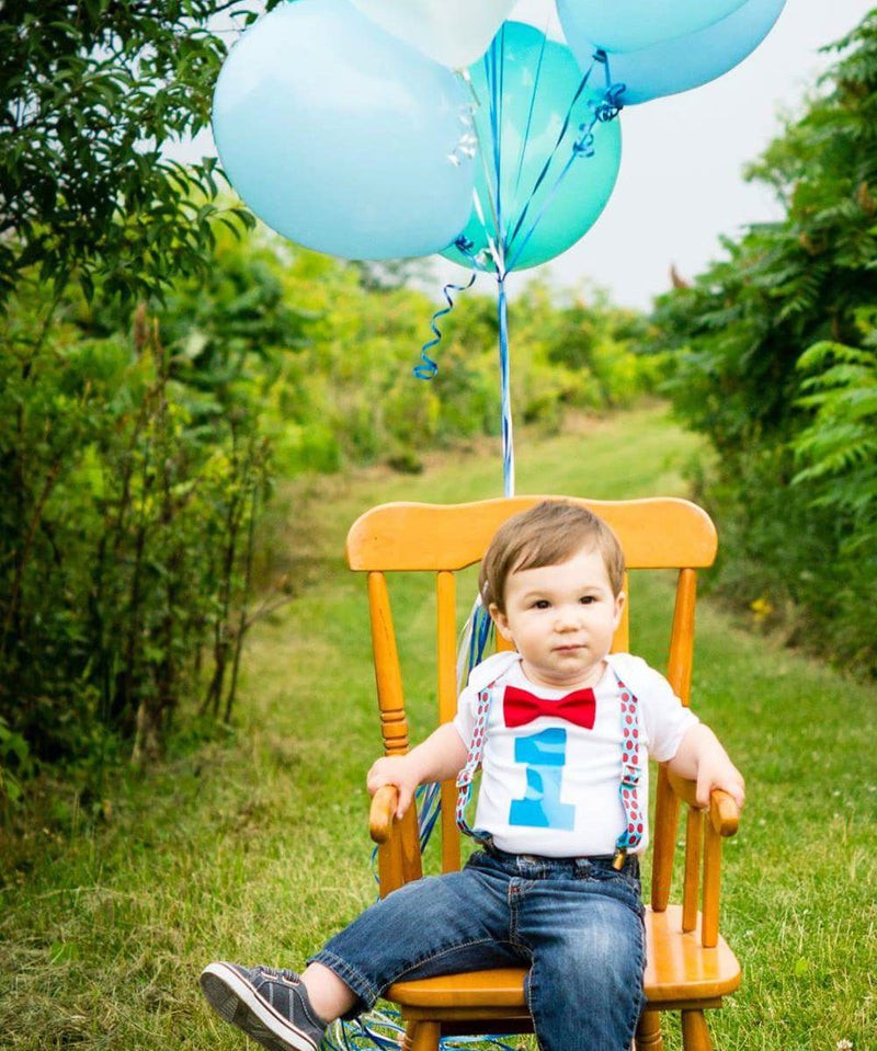 Boys First Birthday Outfit - Turquoise and Red - Blue and Red - First Birthday Shirt - Suspenders Bow Tie - 1st Birthday - Birthday Clothes