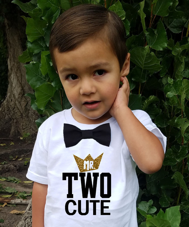 Boys 2nd Birthday Shirt Mr Two Cool Black and Gold with Bow Tie