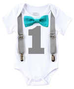 First Birthday Outfit Boy Teal and Gray, 1st Birthday Shirt Grey, Number One, Baby Boy Birthday Clothes Cake Smash Outfit, Winter Theme Teal and Grey Onesie