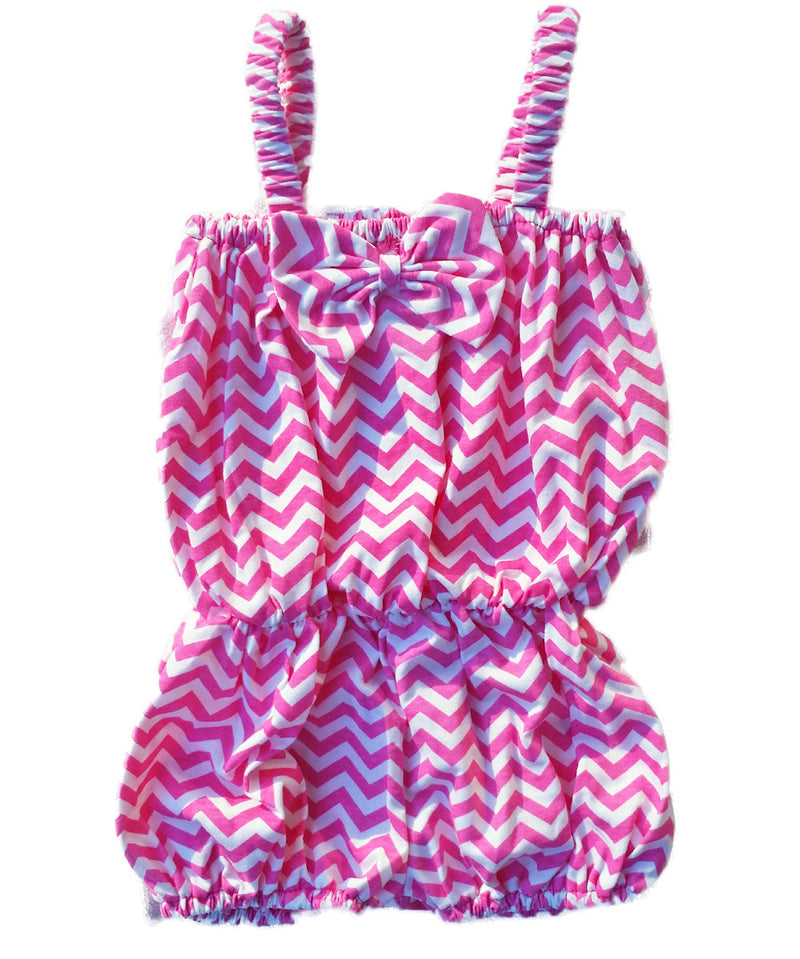 Baby Toddler Girls Bright Pink Chevron Romper with Bow