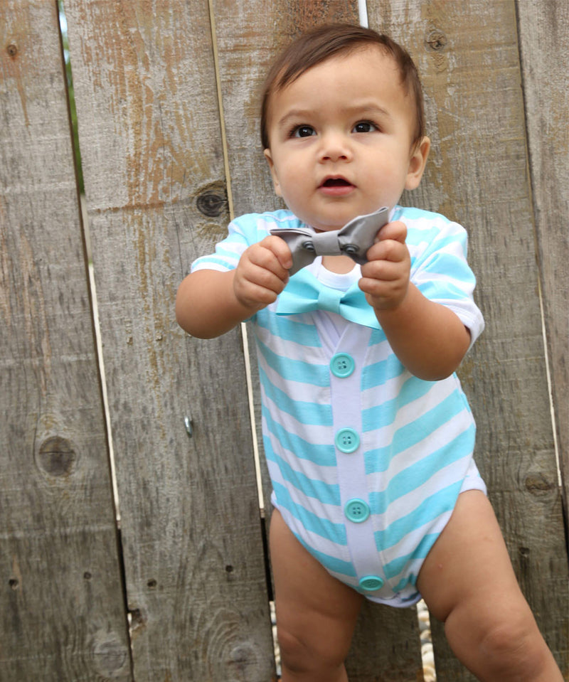 Baby Boy Cardigan Outfit with Bow Tie Mint - Preppy Baby Outfit - Short Sleeve - Baby Boy Clothes - Stripes - Summer - Spring - Noah's Boytique - Noah's Boytique Bodysuit - Baby Boy First Birthday Outfit