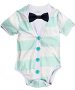Baby Boy Cardigan Outfit with Bow Tie Mint and Grey - Preppy Baby Outfit - Short Sleeve - Baby Boy Clothes - Stripes - Summer - Spring - Cardigan Onesie - Noah's Boytique