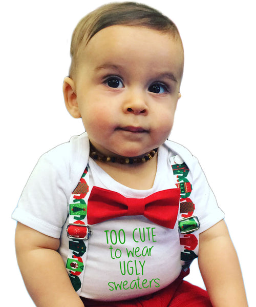 baby boy ugly sweater christmas outfit onesie shirt funny party suspenders bow tie too cute santa pictures newborn infant