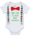 baby boy ugly sweater christmas outfit onesie shirt funny party suspenders bow tie too cute santa pictures newborn infant