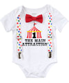 Circus First Birthday Outfit Boy, Circus Tent with Number One, Red and White Stripe Suspenders Bow Tie, Colorful Dots, Carnival Party Shirt