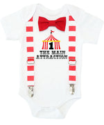 Circus First Birthday Outfit Boy, Circus Tent with Number One, Red and White Stripe Suspenders Bow Tie, Colorful Dots, Carnival Party Shirt