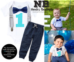 Cake Smash Outfit Boy Grey Navy Aqua - Chevron - Aqua Pants - Boys First Birthday Outfit - Set - Suspenders Bow Tie - Photo Prop - 1st - Noah's Boytique