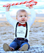 baby boy christmas outfit with bow tie and cute funny saying buffalo plaid suspenders santa pictures photo prop newborn first christmas