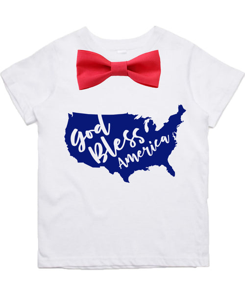 Fourth of July Shirt Toddler Boy God Bless America Memorial Day Patriotic Red Bow Tie Stars Stripes Proud to Be An American