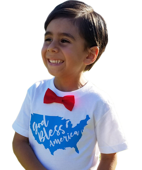 Fourth of July Shirt Toddler Boy God Bless America Memorial Day Patriotic Red Bow Tie Stars Stripes Proud to Be An American