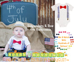Boys 4th of July Shirt - Baby 4th of July Outfit - Chevron - Red White and Blue - Suspenders Bow Tie - Patriotic - Memorial Day - First 4th