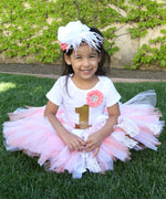 Baby Girl First Birthday Outfit - Coral White Gold Lace Tutu - 1st Birthday - First Birthday Clothes - Headband - Baby Girl - Princess