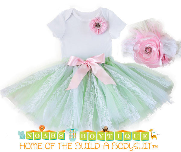 Baby Girl First Birthday Outfit - Mint Pink Gold White Lace Tutu - 1st Birthday - First Birthday Clothes - Headband - Baby Girl - Princess