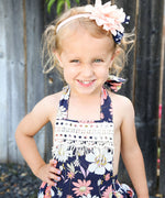 Baby Girl Floral Romper - Floral Print Baby Clothes - Headband - Baby Girl Outfits - Baby Girl Summer Outfits - Vintage Rompers - Newborn Girl - Baby Girl Clothes - Ruffle Bottoms - Bloomers - Colorful - Summer - Navy - Peach - Lace