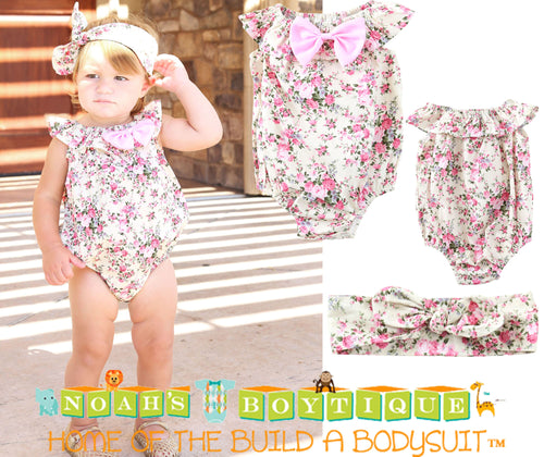 Baby Girl Vintage Floral Print Summer Romper with Head Wrap - Floral Head Wrap With Bow - Outfits for Summer - Boho Baby Girl - Pictures - Noah's Boytique