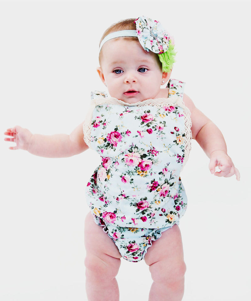Baby Girl Floral Print Romper - Vintage Floral Print Baby Clothes - Headband - Baby Girl Outfits - Vintage Baby Rompers - Pink - White - Green - Rosebuds - Aqua -Eyelet - Lace - Summer Romper