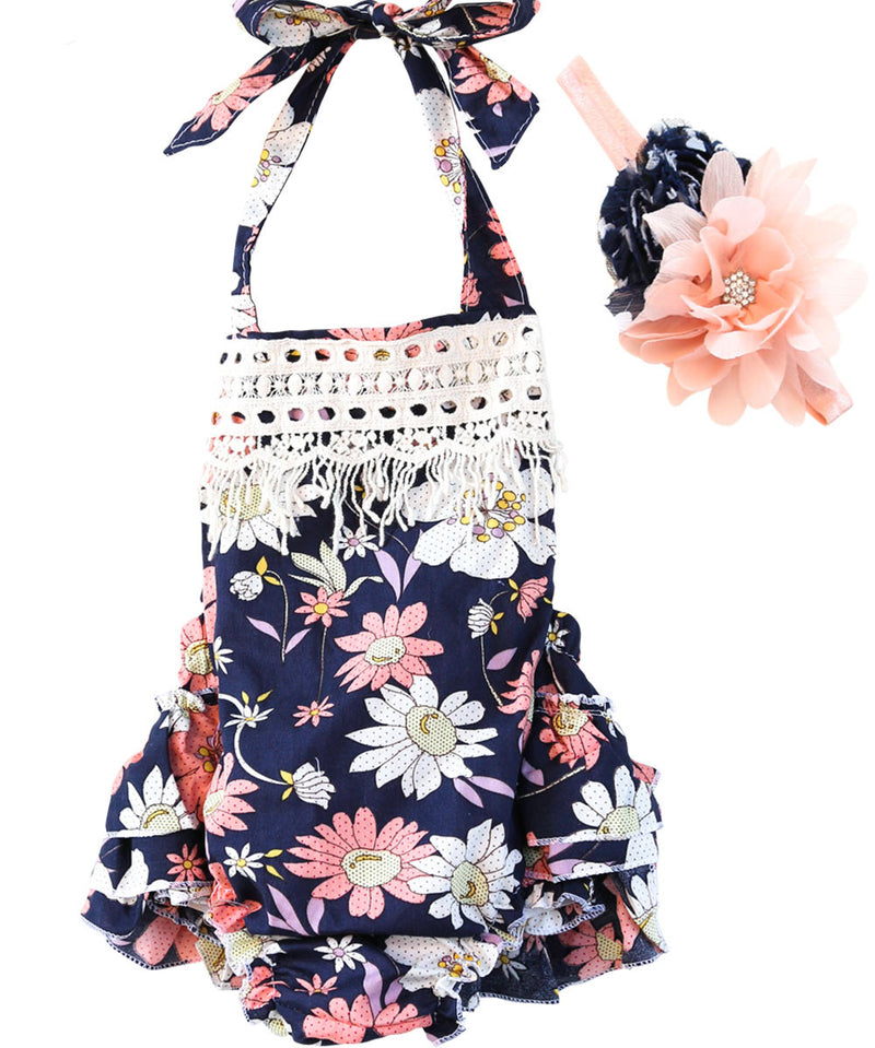 Baby Girl Navy Floral Romper With Peach Flowers and Lace Trim