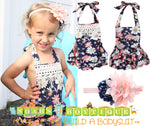 Baby Girl Navy Floral Romper With Peach Flowers and Lace Trim - Noah's Boytique Rompers - Baby Boy First Birthday Outfit
