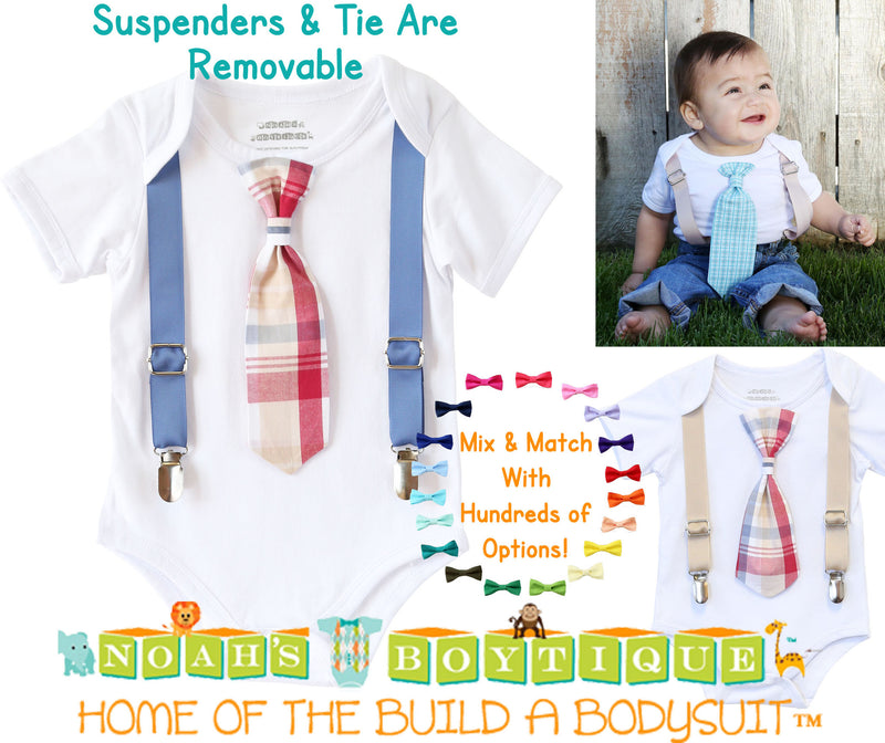 Baby Boy Outfits for Spring - Summer Baby Boy Clothes - Plaid - Preppy - Tie and Suspender Outfit - Blue - Burgundy - Tan - Cape Cod - Boat - Noah's Boytique - Noahs Boytique
