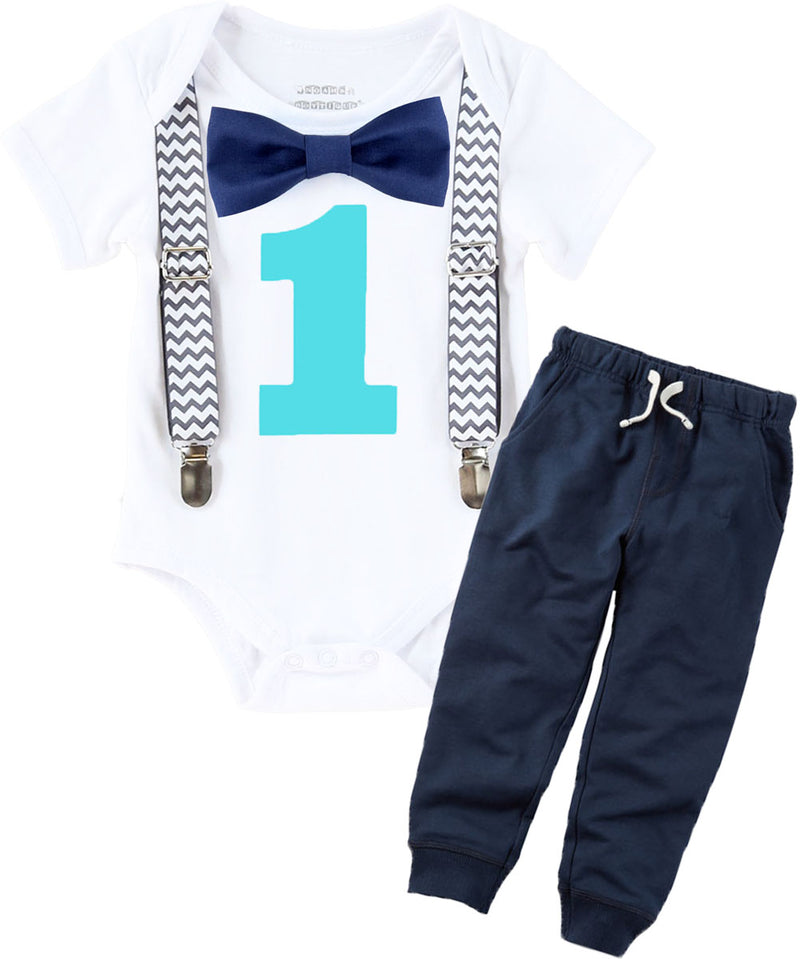 Cake Smash Outfit Boy Grey Navy Aqua - Chevron - Aqua Pants - Boys First Birthday Outfit - Set - Suspenders Bow Tie - Photo Prop - 1st - Noah's Boytique