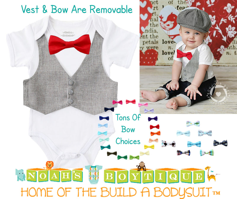 Baby Boy Clothes - Grey Pinstripe Vest and Bow Tie Outfit - Baby Wedding Outfit - Baby Shower Gift - Cake Smash - First Birthday - Baby Suit - Noahs Boytique - Noah's Boytique