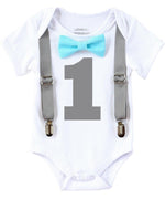 Boys First Birthday Outfit - Baby Boy Birthday Clothes -1st Birthday - Grey Blue Aqua Birthday - First Birthday - Suspenders Bow Tie - Shirt - Noah's Boytique  - Baby Boy First Birthday Outfit